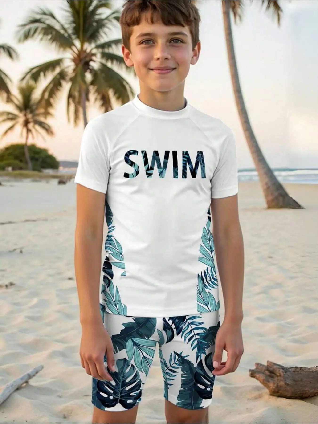 Swimwear Set Suits, Short Sleeve Tee with Shorts, Tropical Plant Print, Cool Summer Swimming, Patchwork Design, Unisex