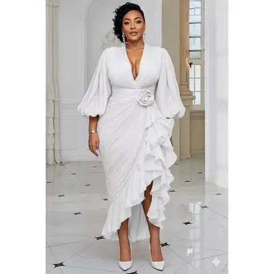 summer birthday plus size white party dress Dinner Outfit Size:large menu: am/event High Neck Collar Backless neckline and a wrap