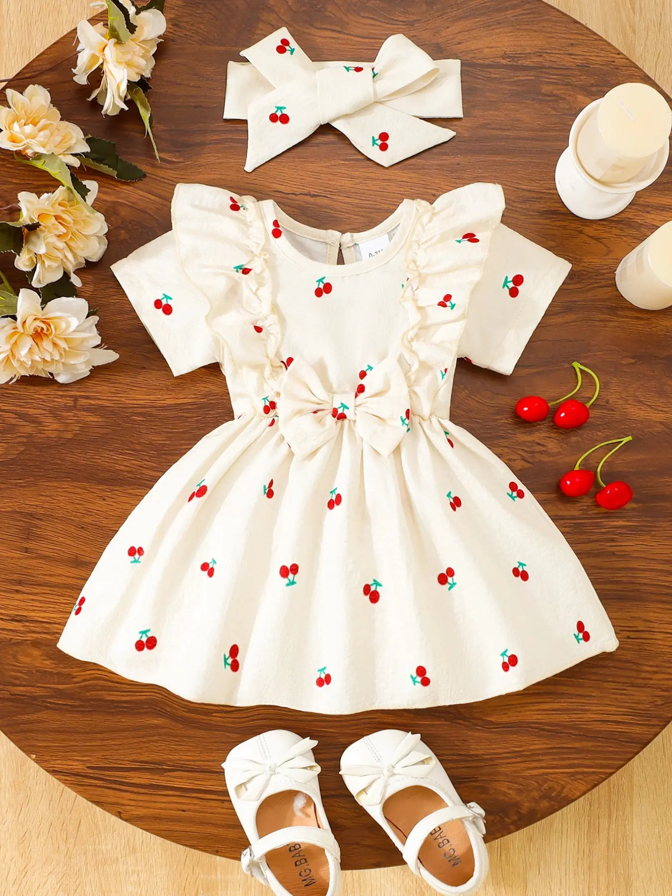 Girls' Cherry Print Dress Set with Hair Accessory, Sweet Fresh Style,  Pleated Hem & Bow Details, Perfect for Party and Daily Wear - TikTok Shop