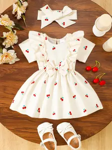 Girls' Cherry Print Dress Set with Hair Accessory, Sweet Fresh Style, Pleated Hem & Bow Details, Perfect for Party and Daily Wear