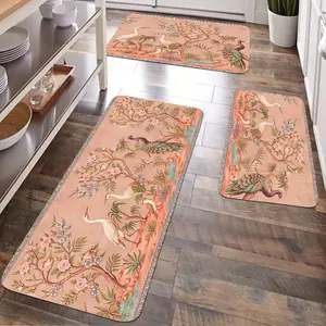 JIT 2/3 pcs peach tree and peacock white crane decorative carpet - kitchen carpet set, flannel bedside set floor mats - non-slip washable soft carpet suitable for kitchen, laundry room, corridor floors, running pad carpet