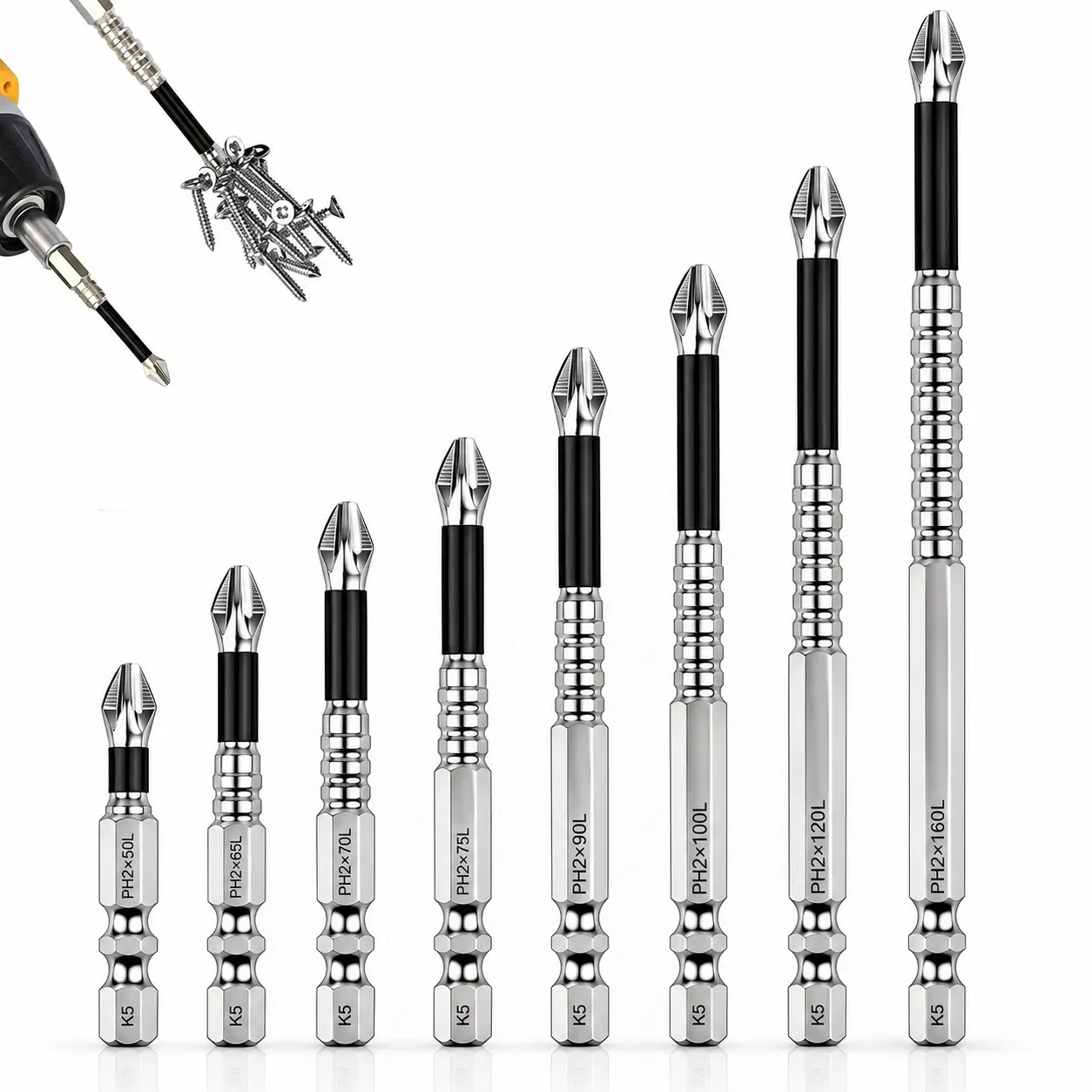 9PCS High-Magnetic Screwdriver Drill Bit Set - Premium Universal, Anti-Slip, Anti-Shock Impact Driver Bits (2 Sets 6 Sizes:25,50,65,70,90,150Mm) with Storage Base, Fits Conventional/Cordless Drills for DIY Enthusiasts, Home DIY, Automotive Repair
