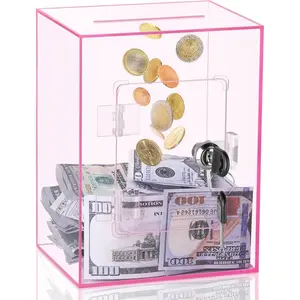 Clear Large Acrylic Piggy Bank for Adults Kids, Openable Savings Jar with Key for Cash Saving, Transparent Money Saving Box for Real Money (Pink)
