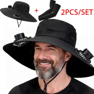 Solar & USB Powered Fan Outdoor Fishing Hat Sunscreen Sun Hat & Cooling Arm Sleeves for Summer Sun Protection