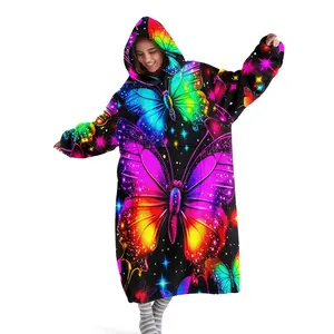 Hooded Blanket, Wearable Blanket, Digital Print Flannel Blanket Soft and Warm Blanket with Neon Butterfly Unicorn Pattern Casual Blanket, Air-Conditioning Blanket, Nap Blanket Office, Bed, Camping, Travel Holiday Gift, Valentine's Day Gift, Hoodie Blanket