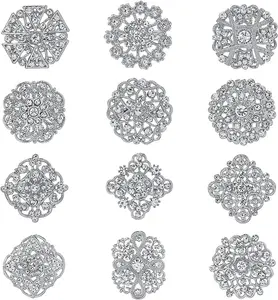 Lot 12 count Assorted  Rhinestone Flower Brooch Pin Set for Women DIY Bridal Wedding Bouquet Kit
