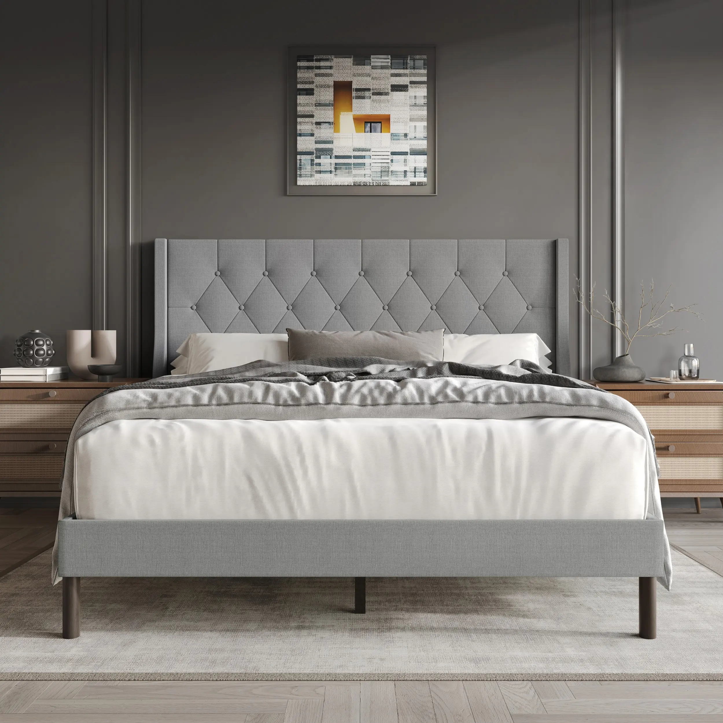 Favorer Oregon Stylish Tufted Upholstered Wingback Panel Bed Frame - Modern Bedroom Decor, Gray/Beige Button-Tufted Headboard, Center Support Leg Included, Box Spring Required, Queen Bed Frame Option, Sleek, Full Size Bed