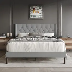 Favorer Oregon Tufted Upholstered Wingback Panel Bed for Modern Bedroom Decor Gray/Beige Stylish Sleek Button-Tufted Headboard Center Support Leg Included Box Spring Required