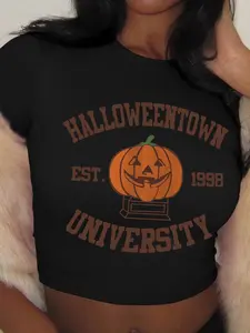 Women's Halloween Pumpkin & Letter Print Round Neck Crop Tee, Casual Short Sleeve Crew Neck T-shirt for Summer, Fashion Women's Top for Daily Wear