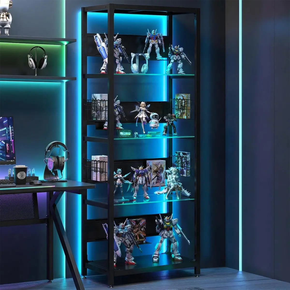Modern RGB LED Display Shelf, 4 Layer Explosion-Proof Glass Collectible Rack, Heavy Duty Metal Display Stand with Remote & App Control for Gaming Figures, Plants, Books