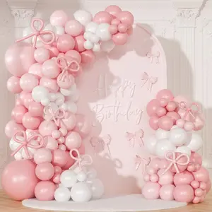 145-Piece Pink & White Coquette Balloon Arch Kit with Bows – Light Pink Party Balloons & Decor for Elegant Birthday or Bow-Themed Celebrations