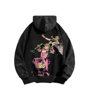 JoJo's Bizarre Adventure anime-style hooded sweatshirt design. Themed washed American-style hoodie, made in the USA | High-quality 100% cotton streetwear hoodie | Relaxed fit