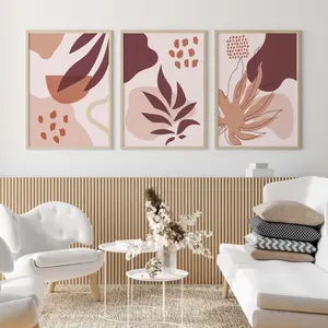 Set of 3 Burgundy Abstract Wall Art Modern Art Print Boho Leaves Color Block Art Posters Minimalist Bedroom Art