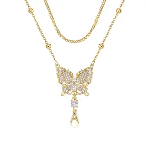 MEIITRUE Butterfly Initial Necklace for Women 14K Gold Plated 5A CZ Pendant Layered Necklace with Adjustable 18in + 2in Extender Hypoallergenic & Skin-Friendly