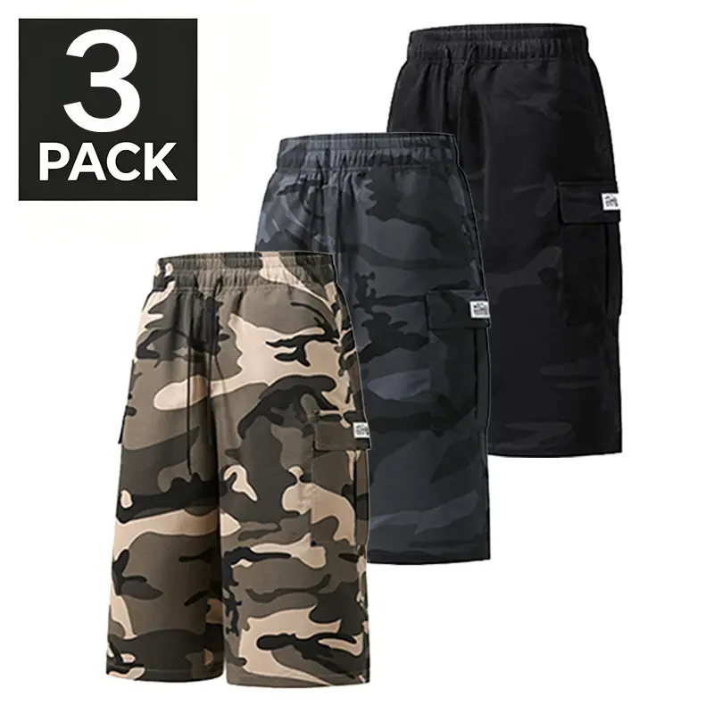 3-Pack Men’s Camouflage Print Functional Shorts, Elastic Waist Drawstring, Outdoor Streetwear Cargo Shorts, Knee-Length