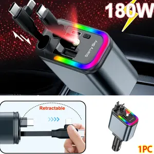 One-docking-four USB interface, with ambient light, expandable car charger, starry sky top, 120W car charger, super-fast charging for mobile phones, extendable charging cable