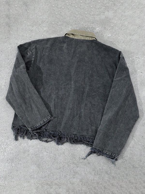 Dark Denim Jacket with Diamonds and 'la' Logo, Vintage Corduroy Collar and Frayed Design, Stylish Zippered Fit for Casual Outings