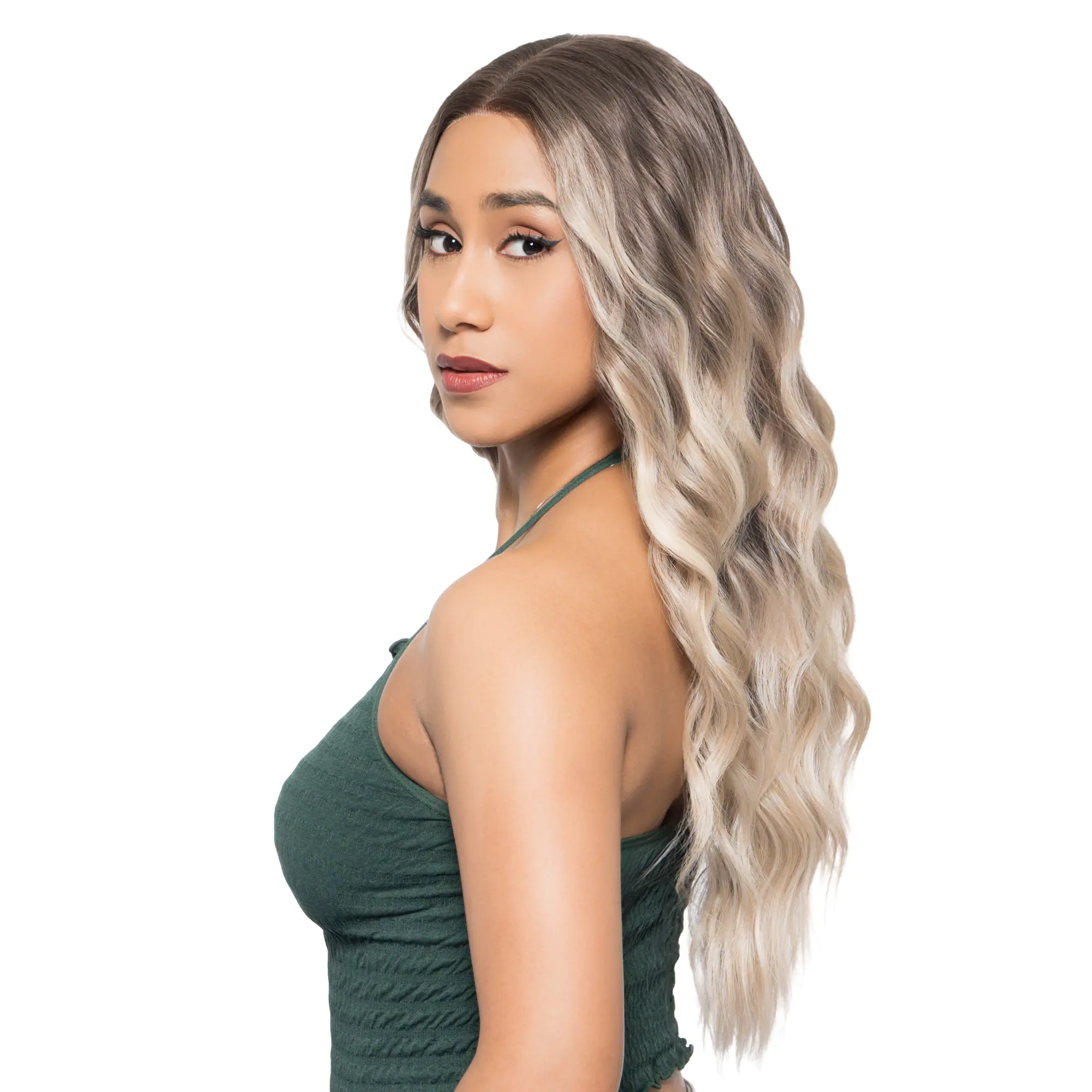 Oh My TeddyBear' 22-Inch Soft Beige Blonde Balayage Ombre (Brown Roots) Beachy Waves Futura Synthetic Wig | 【13*6" Free-part Lace】【Heat Resistant】【Cap Included】 | #video 53FSGA