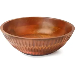 12" x 4" Wood bowl with hand carved pattern | 4.3 quarts capacity | wooden bowl for food, serving salads, pasta, cereal or popcorn | kitchen counter centerpiece bowl for fruits |