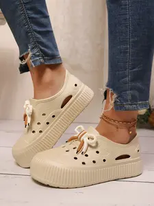 Women's Thick Sole Lace-Up Hollow-Out Sandals, Breathable Mesh Slippers for Summer Home Wear, Height-Boosting Lazy Shoes