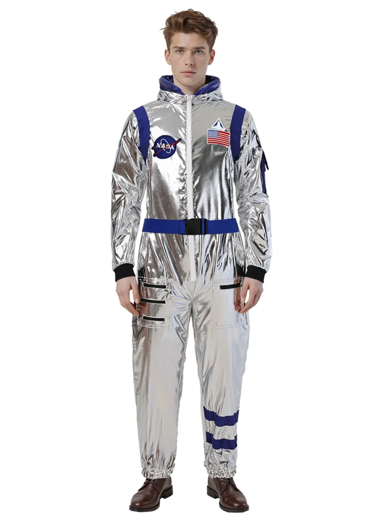 Adult Silver Color Space Suit Astronaut Cosplay Costume for Halloween Party, Slim-Fitting Design with Embroidery, Perfect Birthday Gift
