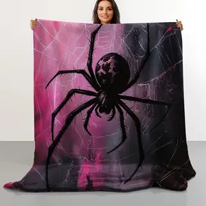 1 Piece Spider Print Flannel Blanket - Soft and Versatile for All Seasons, Pink and Black Fantasy Spider Web Pattern, Machine Washable, Suitable for Sofa, Bed, Office, and Travel - Comfortable Home Decor Gift