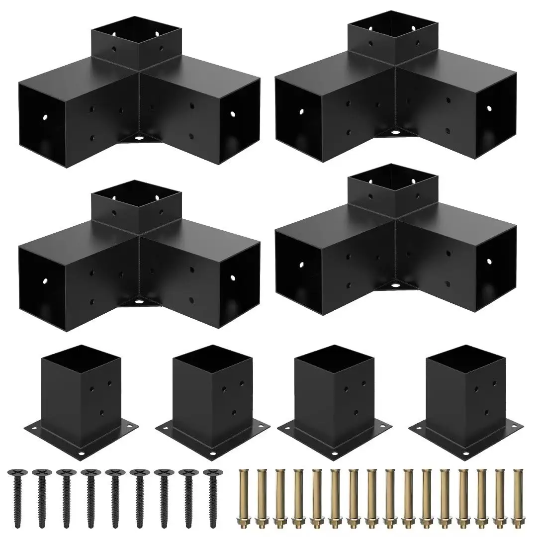 Jurrque Heavy Alloy Steel Pergola Kit for 4"x 4" (Actual 3.6" X 3.6") Lumber,8pcs (4pcs 3-Way , 4pcs Base) Corner Bracket Woodworks DIY Post Base Kit,