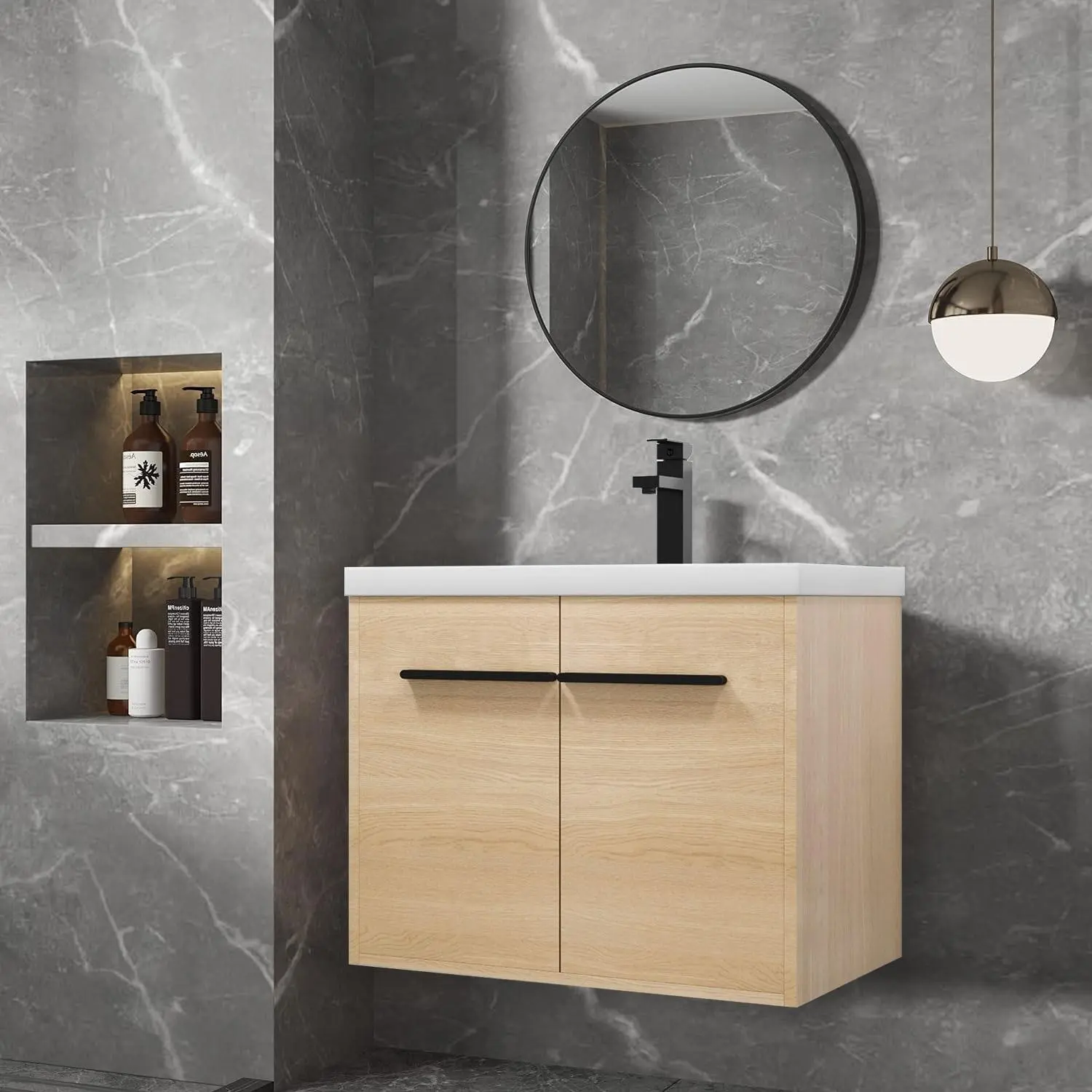 Classic Farmhouse Style 24 Inch Wall-Mounted Wooden Bathroom Vanity with Resin Countertop Sink