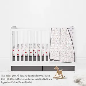 Bacati Baseball Muslin 3 Piece Crib Bedding Set  - Red/Gray