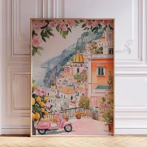 Pink Amalfi Coast Italian Beach Coastal Summer Wall Art Print Poster.
