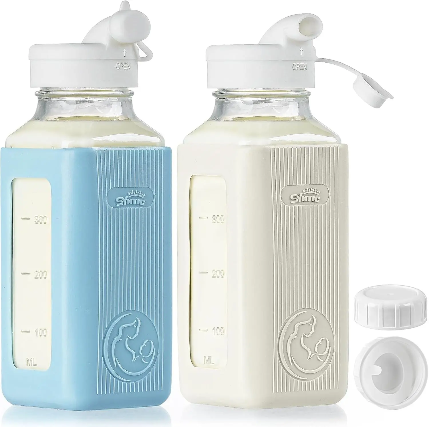 Syntic 2 Pack 16 Oz Glass Breastmilk Storage Bottles with Pour Spouts | Airtight Lids with Silicone Sleeves,Measurement Marks for Milk Collection Bottles,Refrigerator Storage and Day or Night Use