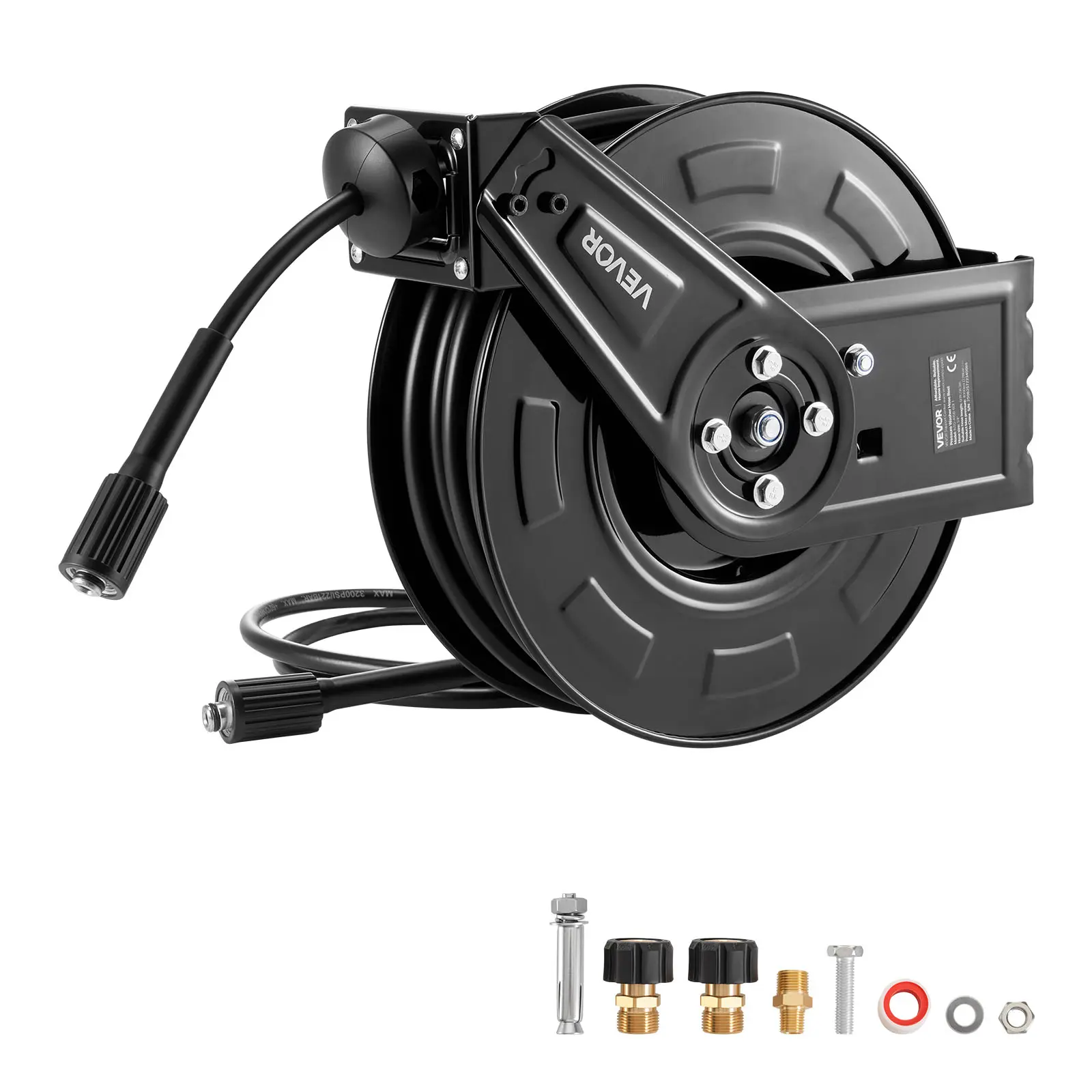 VEVOR Retractable Pressure Washer Hose Reel, 60ft x 1/4in Heavy-Duty Steel Hose Reel, 4000PSI Max, Auto-Retracting, Wall/Floor Mounted for Car Washing, Gardening, Floor Cleaning