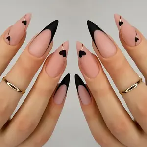 24 Long Black French Heart-Shaped Matte Press-On Nails for Women, Complete with Jelly Glue and Nail File Set, Suitable for Parties, Dances and Everyday Occasions, Long Nails