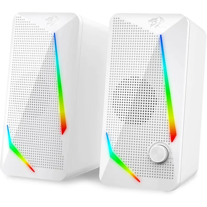 Redragon GS510 RGB Compact 2.0 Channel Wired Stereo Bass Speakers - 4 LED Modes, Touch-Swap Light, Enhanced Bass, Easy-Access Volume Control, USB-Powered 3.5mm Cable, Handy Plug, White, Home Entertainment Desk Gadget Cool Gift for Adults