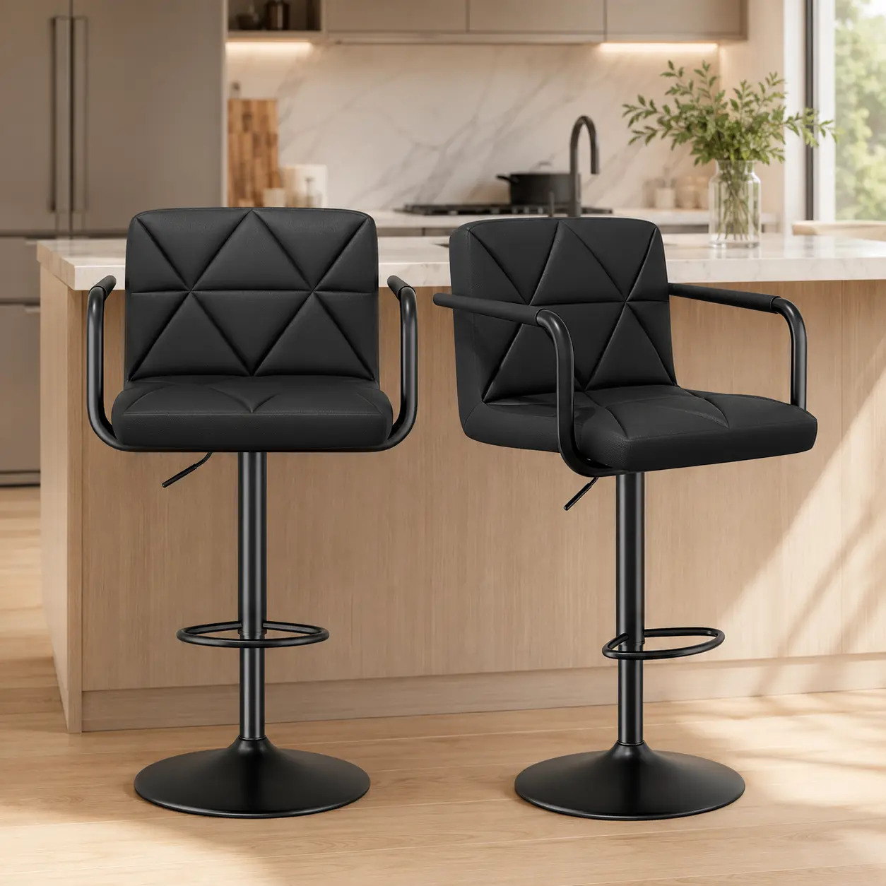 2-Piece Modern Adjustable Bar Stools - Black PU Leather Kitchen Island Chairs with Armrests, 360° Swivel Counter Height Home Bar Furniture