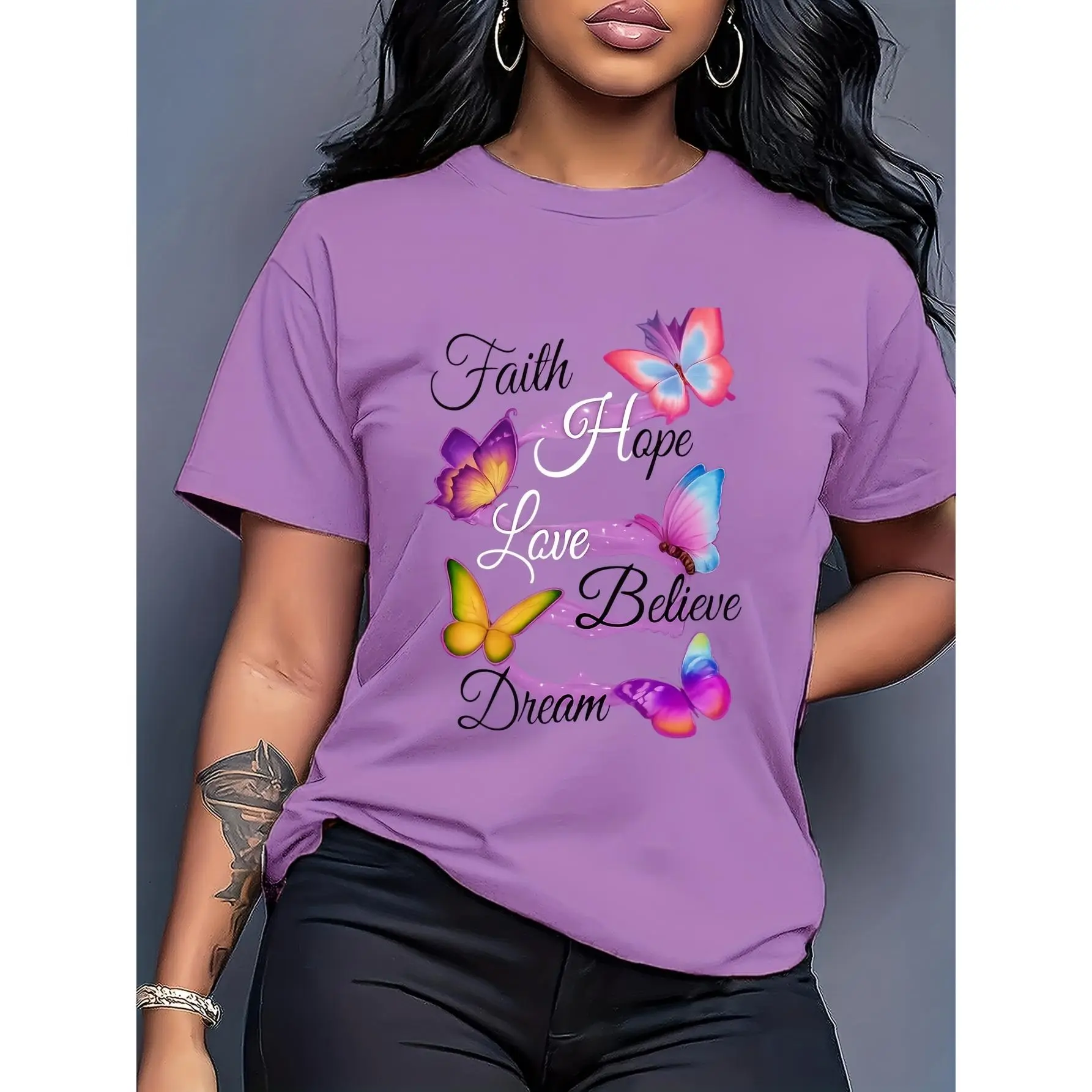 Ladies' Streetwear Knit T-Shirt - Purple Butterflies Design, Smooth Opaque Fabric, Short-Sleeve Crew Neck, Medium Stretch, Comfortable Casual Summer Top, Machine-Washable, Eye-Catching Text
