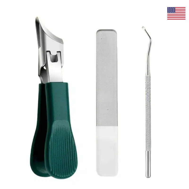 3-Piece Green Eagle Beak Nail Clipper Set | Heavy-Duty Stainless Steel Pedicure Tools, For Thick Nails & Ingrown Toenails, Includes Nail Lifter & Nail File, Portable For Home & Travel