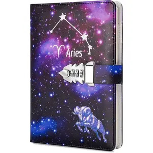 A5 Creative Password Lock Journal PU Leather Combination Lock Diary Locking Diary Notepad (Aries)