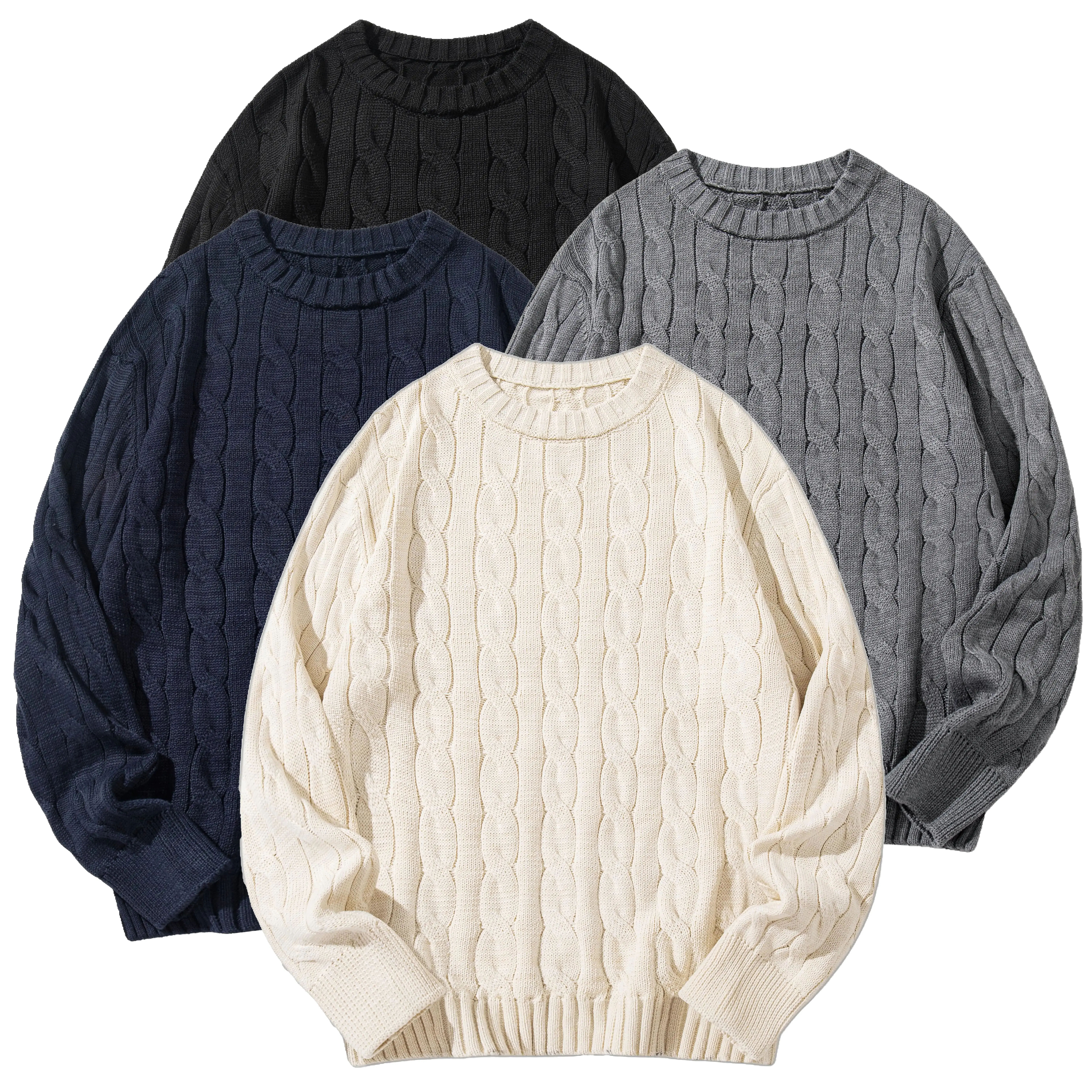 Men's Classic Textured Yarn Cable Knit Crewneck Sweater - Oversized Fit, Soft, Vintage, Casual Daily Fall Winter Streetwear Pullover Top