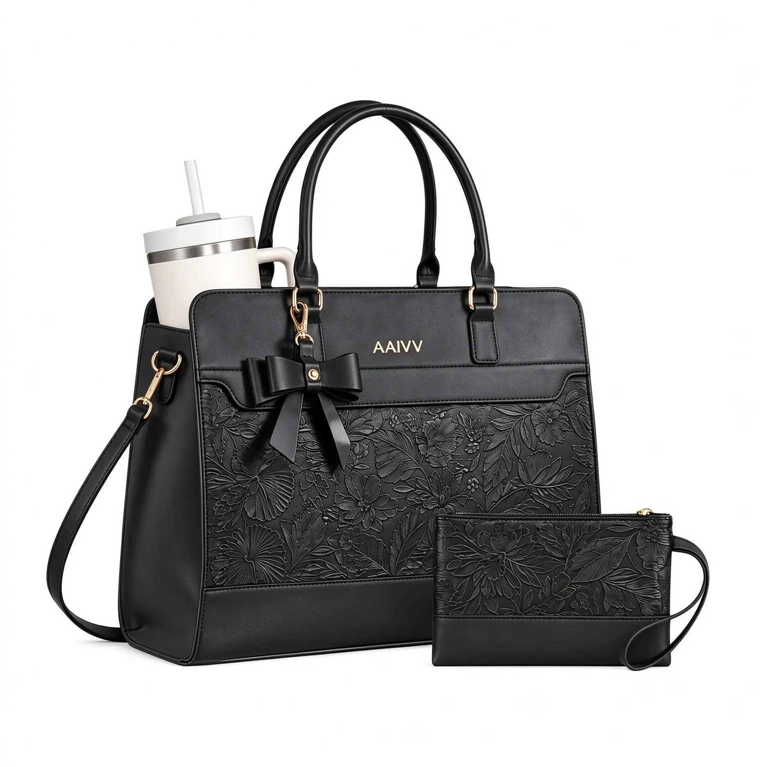 AAIVV Women's 2-Piece PU Leather Tote Bags Set, 15.6 in Work Bags for Women with Padded Computer Sleeve, Cup Holder, Anti-Theft Pocket, Matching Wristlet Clutch, Detachable Strap (Black) - Ideal for Office Travel
