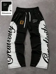 Men's athletic pants, jumpsuit, two-piece design, double waistband, black and white color blocking, large letter print, elastic waistband, side pockets, wide leg design, high durability, Sporty Comfy Breathable