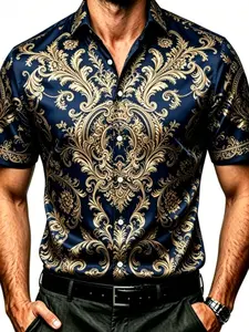 Luxury Classic Floral Satin Baroque Print Casual Design Short Sleeve Shirt Top, Slim-Fitting Festive Holiday Style, Solid Pattern, Mainland China