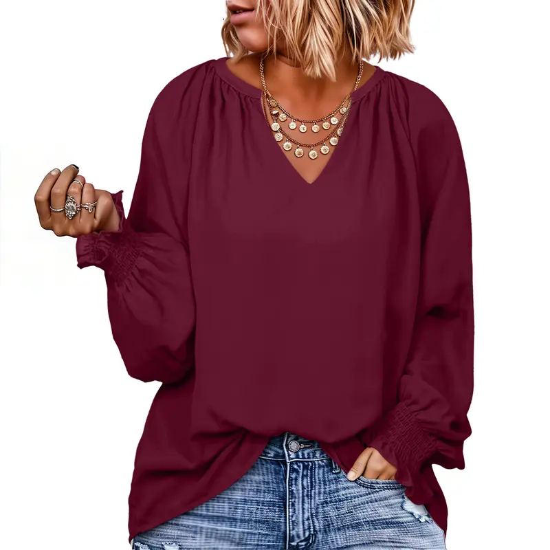 Eytino Womens Plus Size Tops Sexy V Neck Smocked Long Sleeve Casual Chiffon Christmas Blouse Flowy Work Shirts(1X-5X) Casual Longsleeve Top