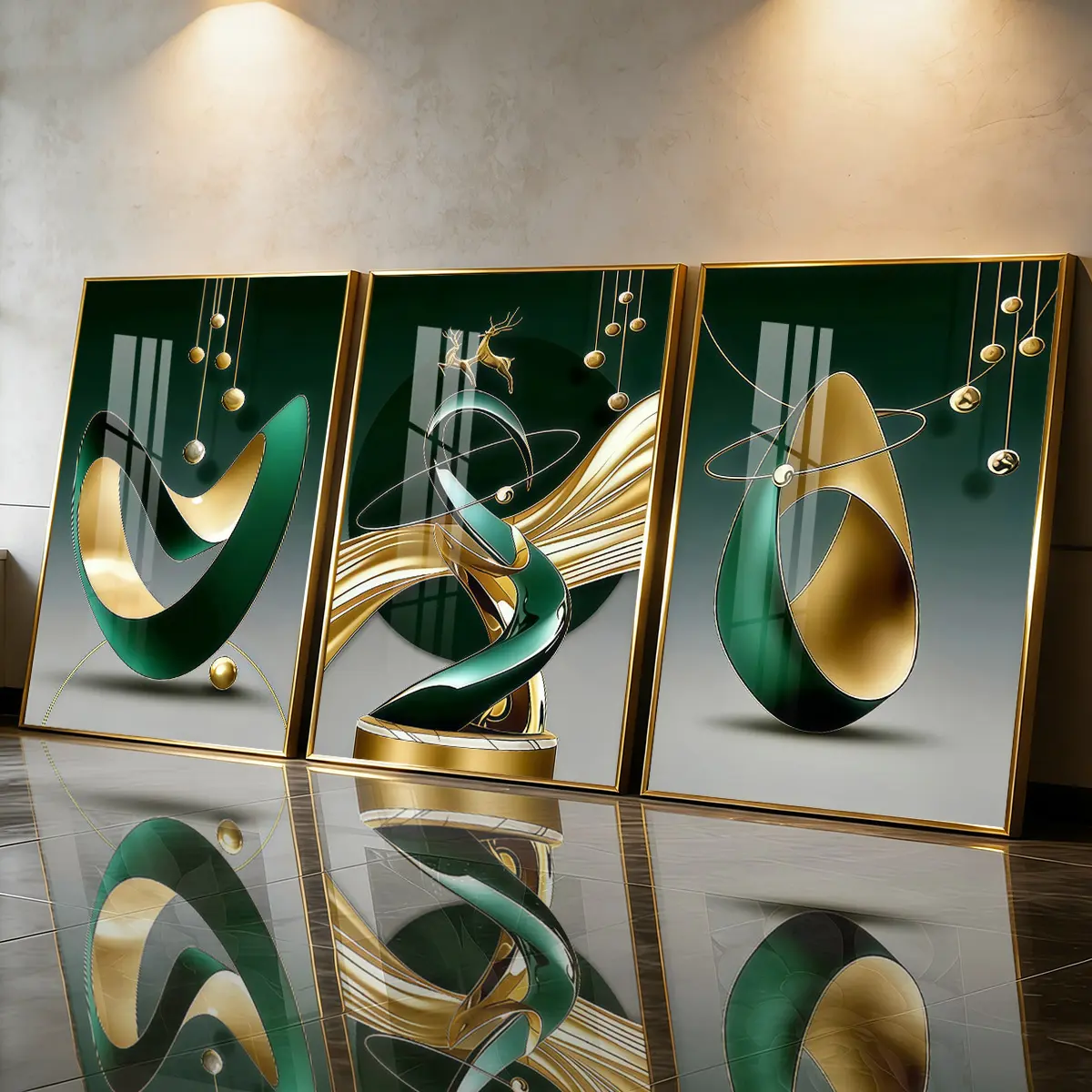 3Pcs Aluminum Alloy Framed Painting, Abstract Art Prints Green Gold Geometric Pattern Design, Decoration Items, Home Decoration For Living Room, Bedroom, OfficeWall Decor, Odorless Print Artwork, Decorative Artwork, Gift For Friends And Family