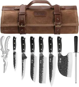 Chef Knife Set, High Carbon Steel Hand Forged Meat Boning Carving Cleaver Butcher Knife, Japan Nakiri Santoku Knife Set with Accessories for Kitchen, BBQ Camping Knives Set with Bag