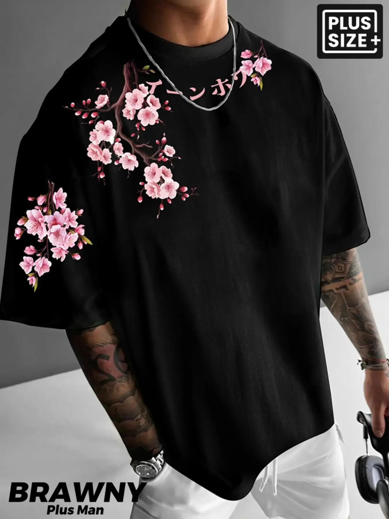 Men's Plus Size Y2K Streetwear T-Shirt, Japanese Sakura & Kanji Print Summer Trend Tee, Ideal for Street Fashion, Y2K Outfits, Couple Matching, Gifts for Him, Japanese Culture & High Street Style Fans