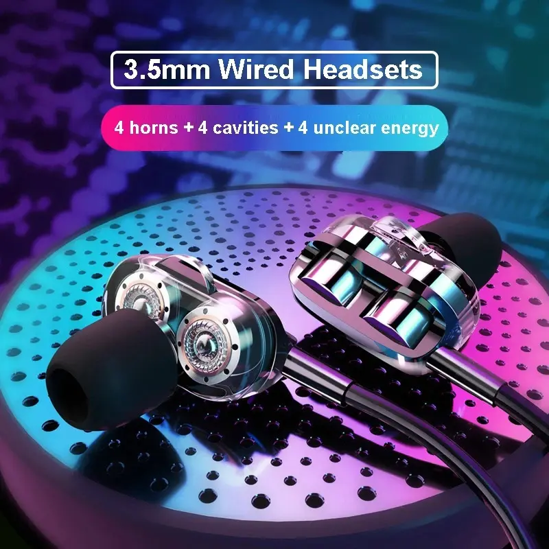 3.5mm HiFi Wired Headphones Quad Core Sport Earphone Dual Driver Bass Stereo Sound Headphone Stereo Gaming Headset In Ear Design Earphones In-Ear Music Earbuds With Microphone Audio Headphone For Sports