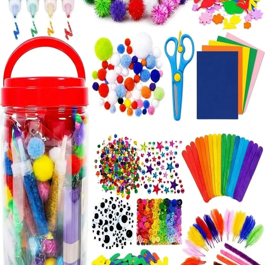 Kids' All-in-1 Sewing Craft Kit - 1000+ Pcs DIY Arts & Crafts Supplies Set with Pom Poms, Pipe Cleaners, Googly Eyes, Glitter Glue, Foam Shapes, Craft Sticks