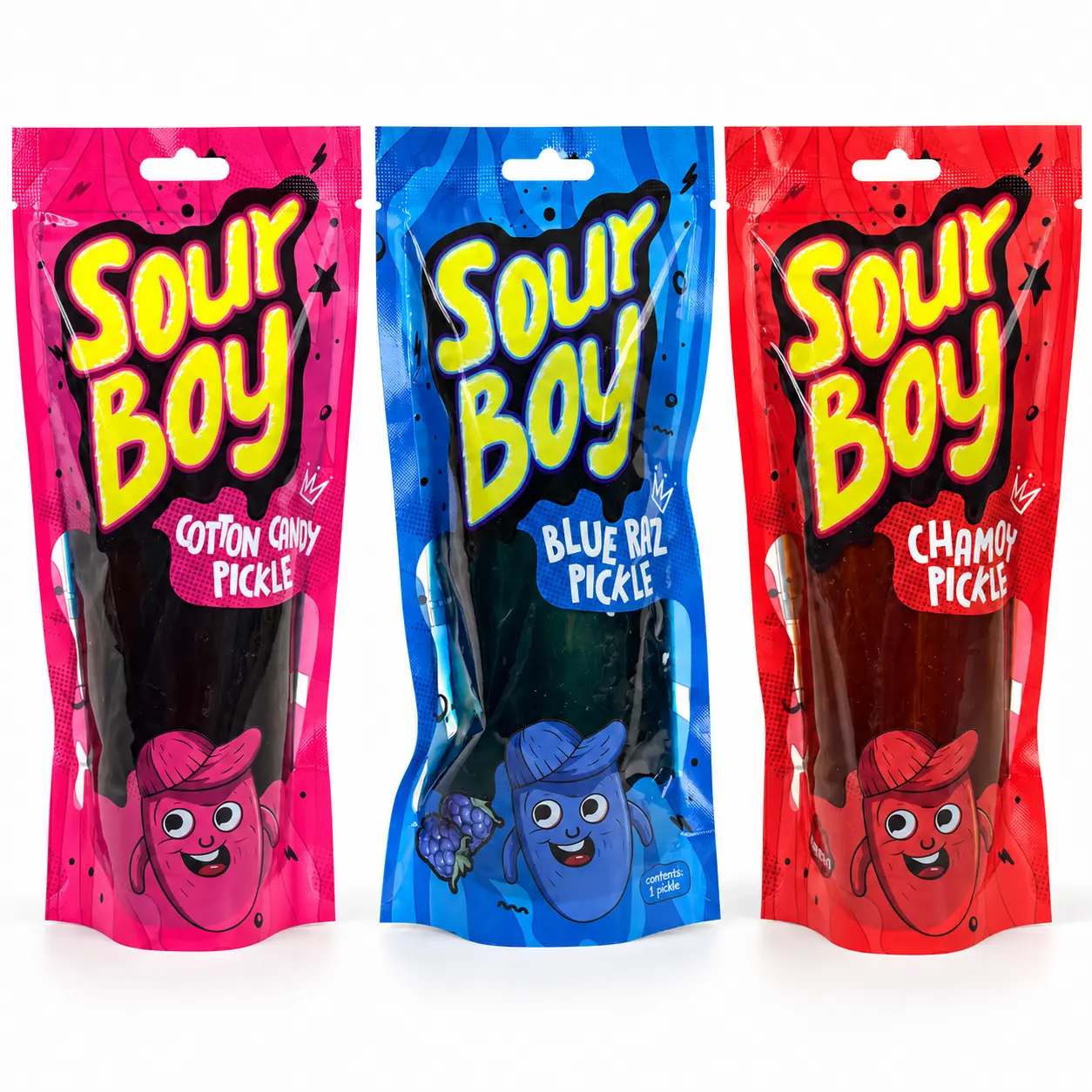 SourBoy Flavored Pickles 3-Pack - Blue Raspberry, Cotton Candy, Chamoy or Variety