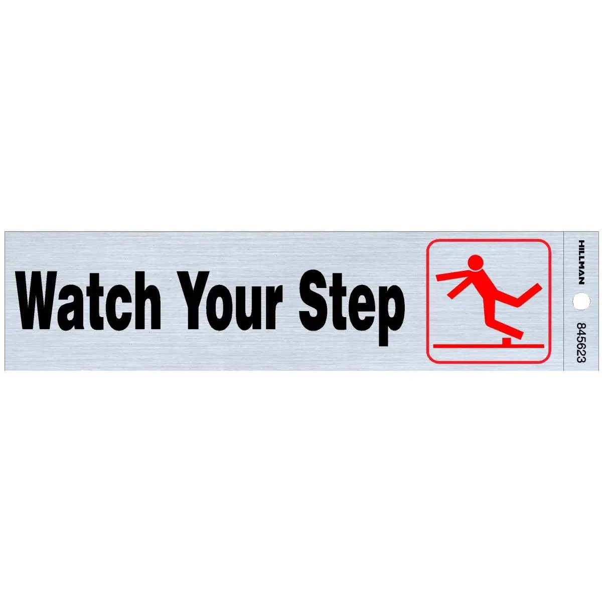 Hillman Group 845623 2x8 in Fluorescent Black & Silver Nickel Mylar Safety Label, "Watch Your Step" Sign for Entrance Labeling (Staff/Cust.), Pack of 6